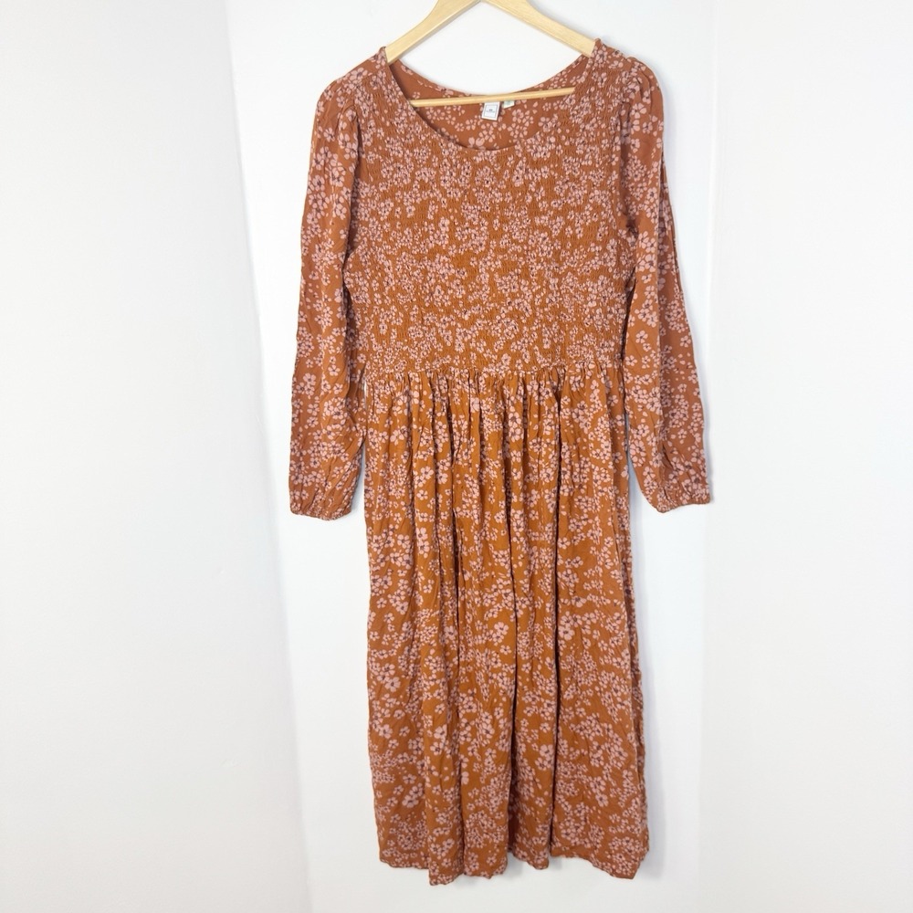 Women's Autumn Floral Smocked Midi Dress XL Puff Long Sleeve Prairie Cottage